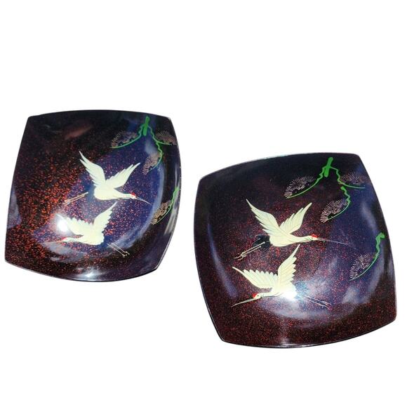 Omachang Other - Set Of 2 Lacquer Square Plate Dishes Omachang Double Flying Crane Bamboo Asian